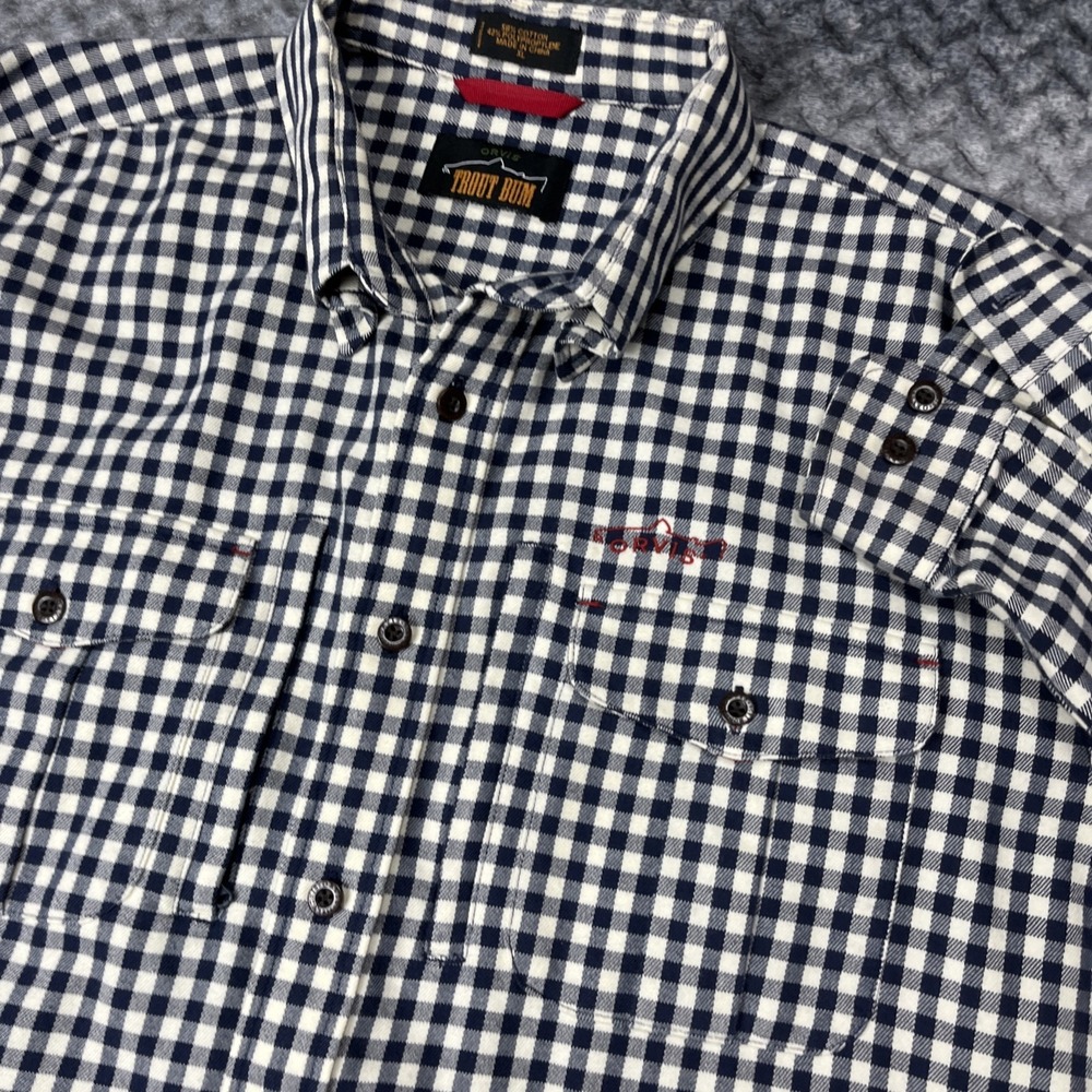 Orvis Trout Bum Heavy Flannel Shirt Mens XL Blue Gingham Check Vented Pockets